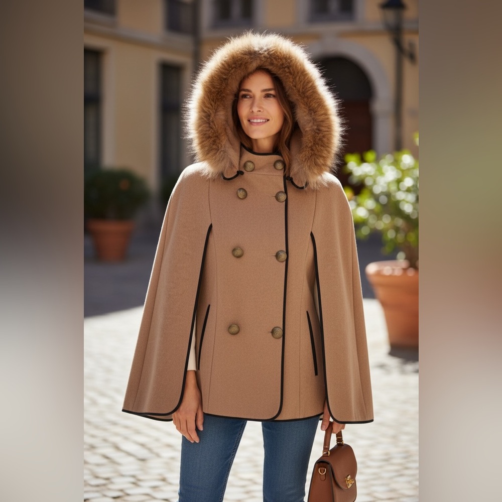 Women's Tan Cape Coat with Detachable Faux Fur Trim Hood - Picture 5 of 11